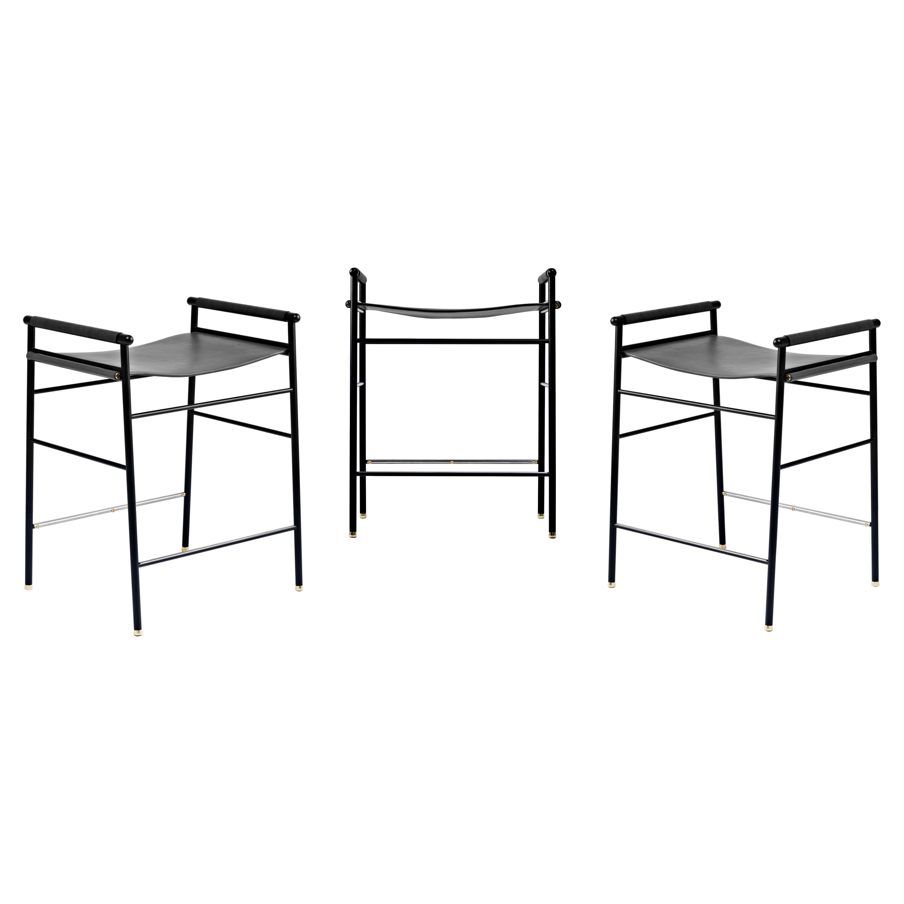 Set of 3 "Repose" Contemporary Counter Stool Black Saddle Black Rubbered Frame