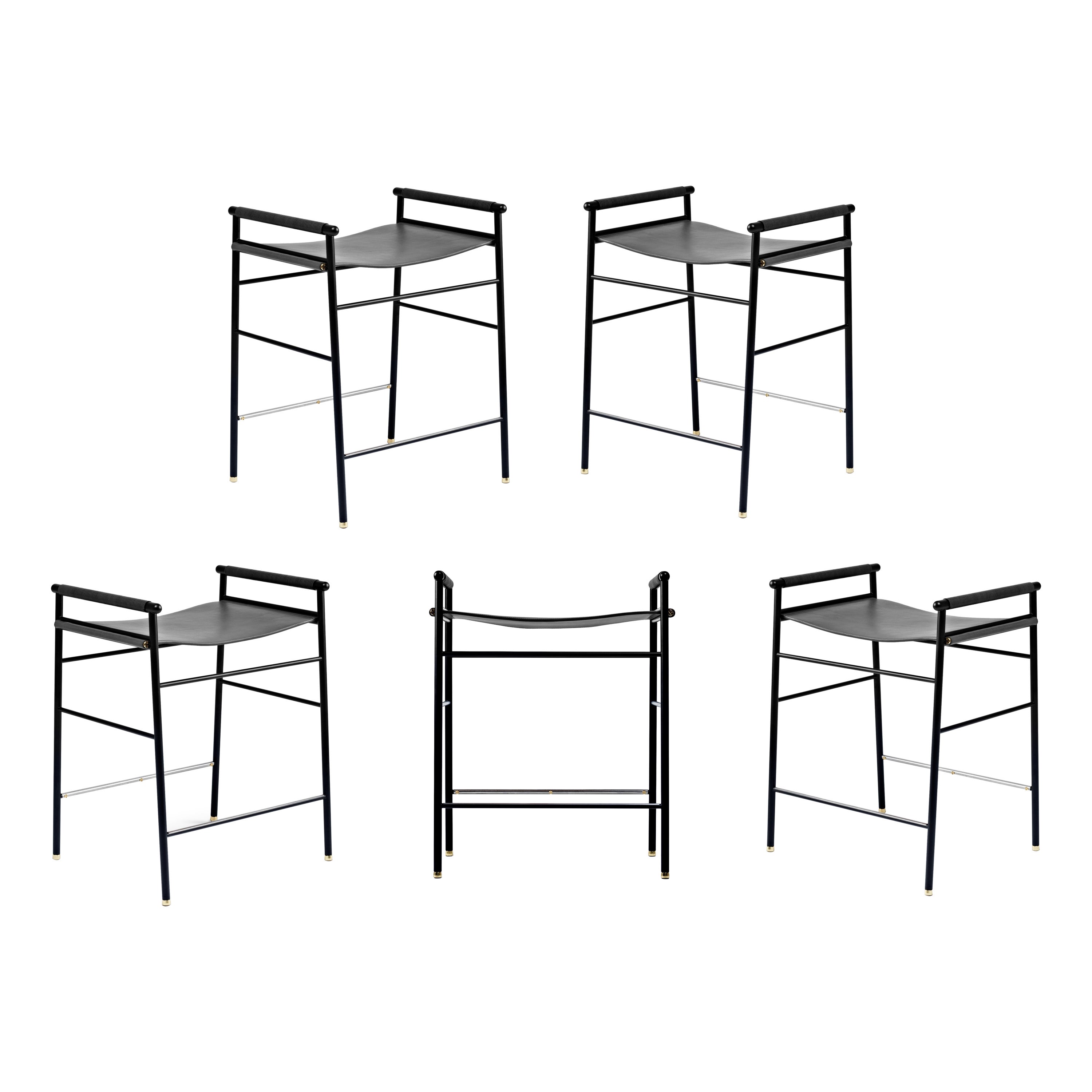 Set of 5 Artisan Contemporary Counter Bar Stool Black Leather Black Rubber Metal For Sale