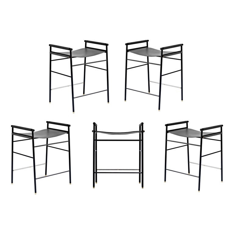 Set of 5 Artisan Contemporary Counter Bar Stool Black Leather Black Rubber Metal For Sale at 1stDibs