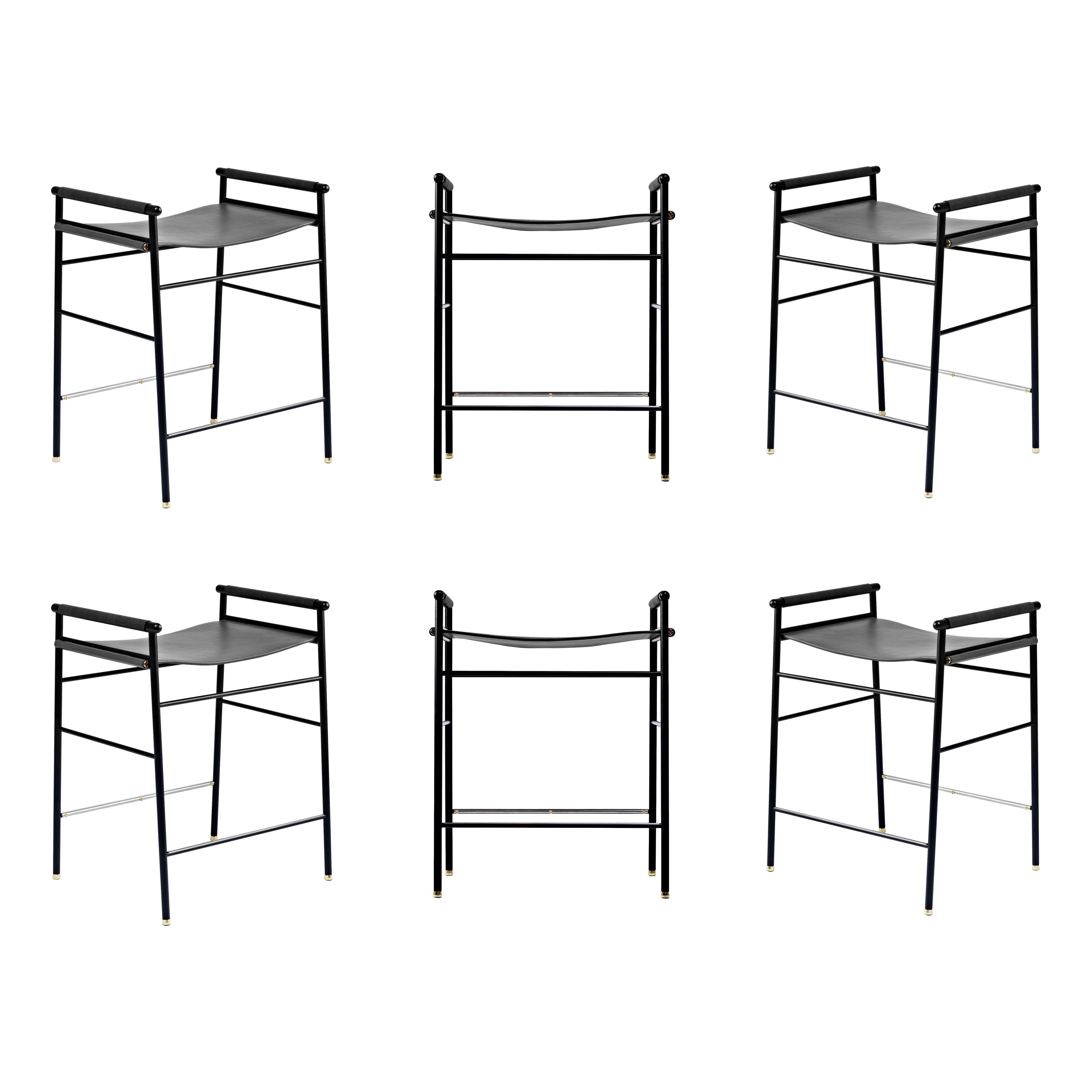 Set of 6 Contemporary Counter Bar Stool Black Leather & Black Rubber Metal For Sale