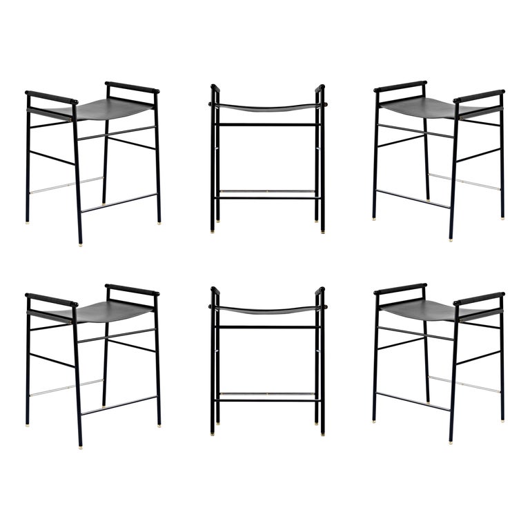 Set of 6 Contemporary Counter Bar Stool Black Leather and Black Rubber