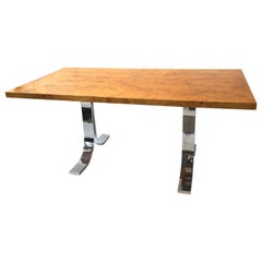 1980s Milo Baughman Style Burl Wood Dining Table / Desk with Chrome Base