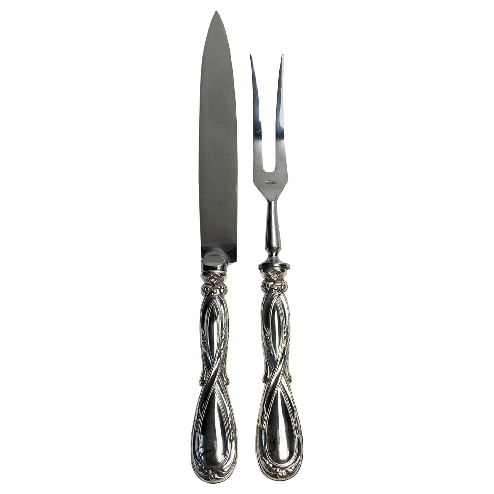 Pair Emile Puiforcat France Sterling Silver Carving Knife & Fork in Royal