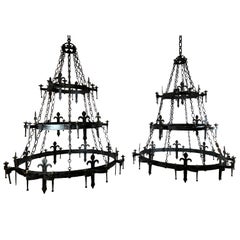 Monumental Pair of French Iron Chandeliers