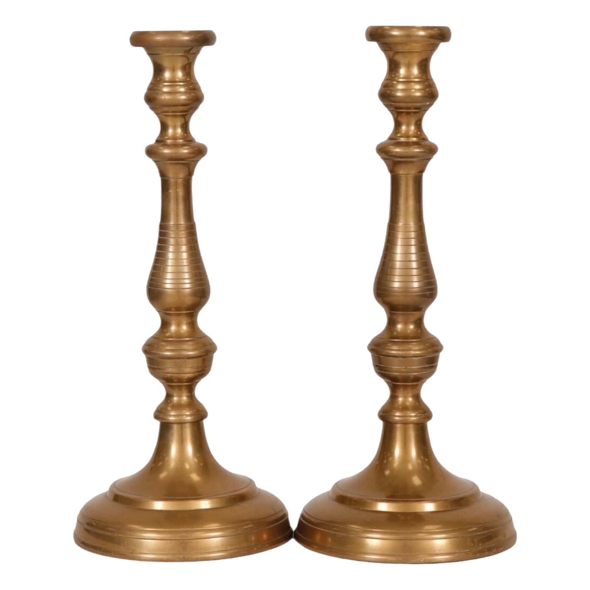 Large Turned Brass Candlesticks, a Pair For Sale