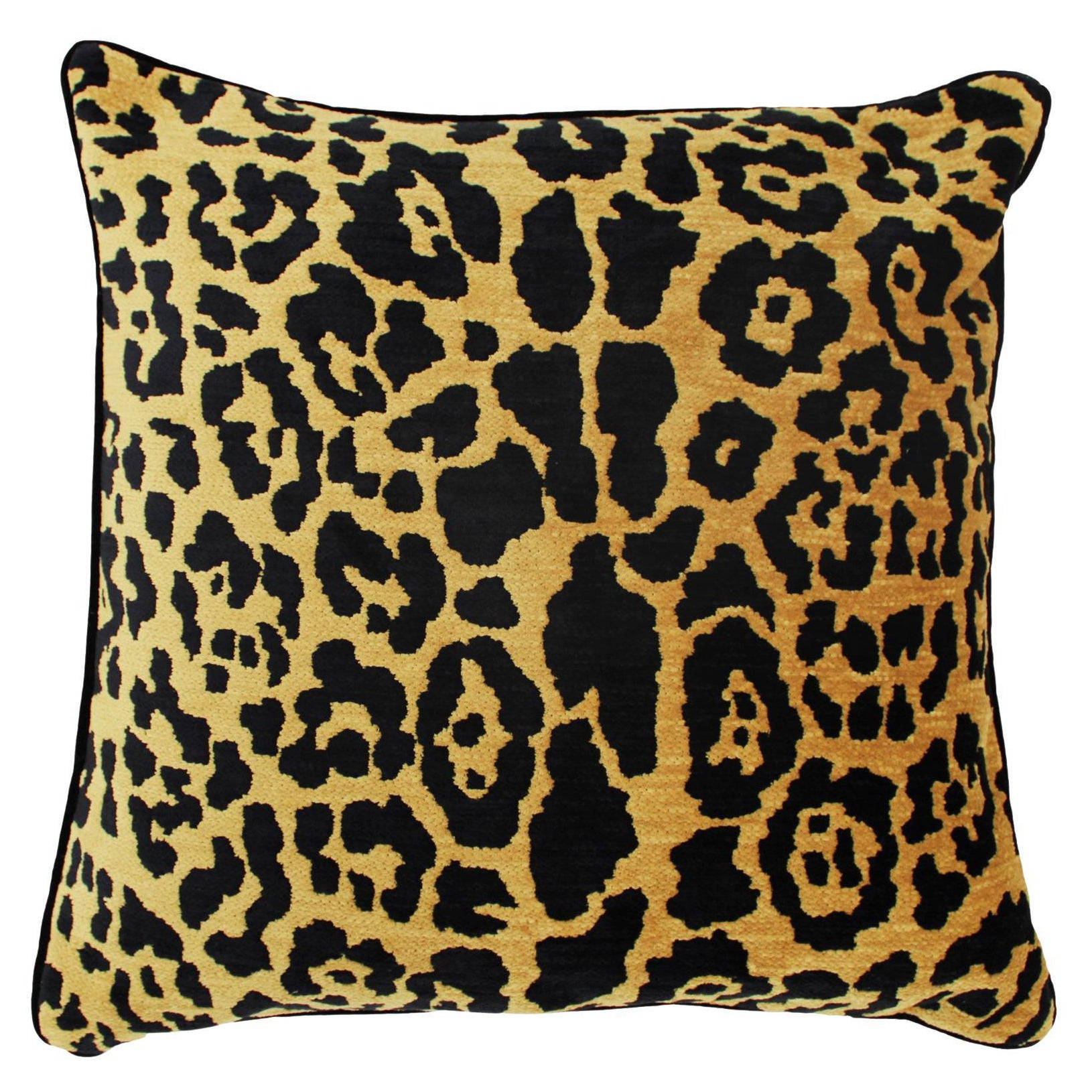 Leopard Print Velvet Cushion in Cotton with Trim and Linen Back For Sale