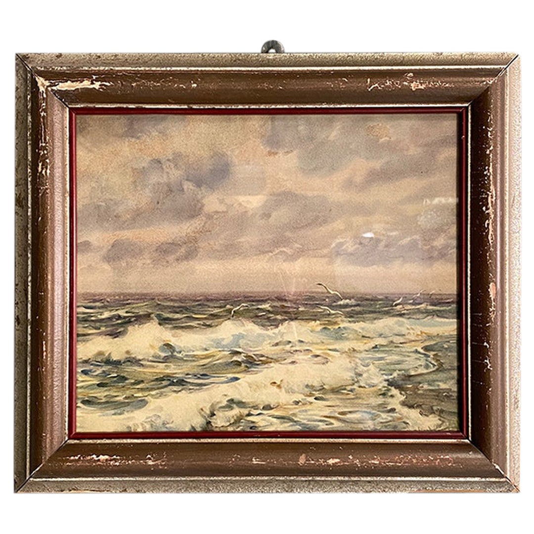 Italian Antique Watercolor Seascape Painting with Golden Frame, 1912