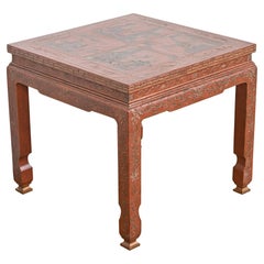 Baker Furniture Hollywood Regency Chinoiserie Carved Red Lacquered Side Table