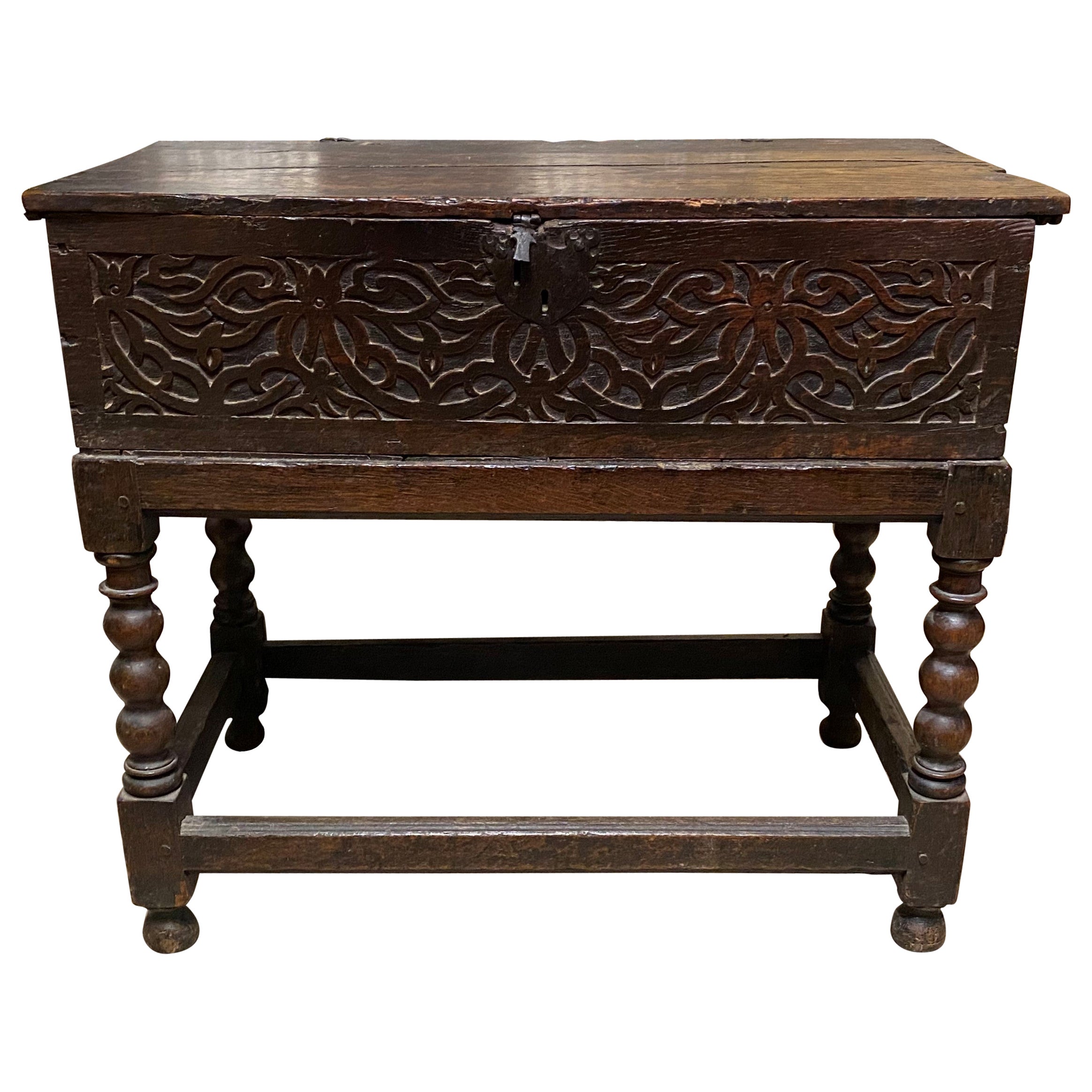 17th Century English Carved Bible Box on a 19th Century Stand