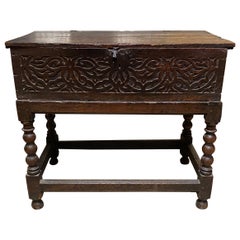 17th Century English Carved Bible Box on a 19th Century Stand