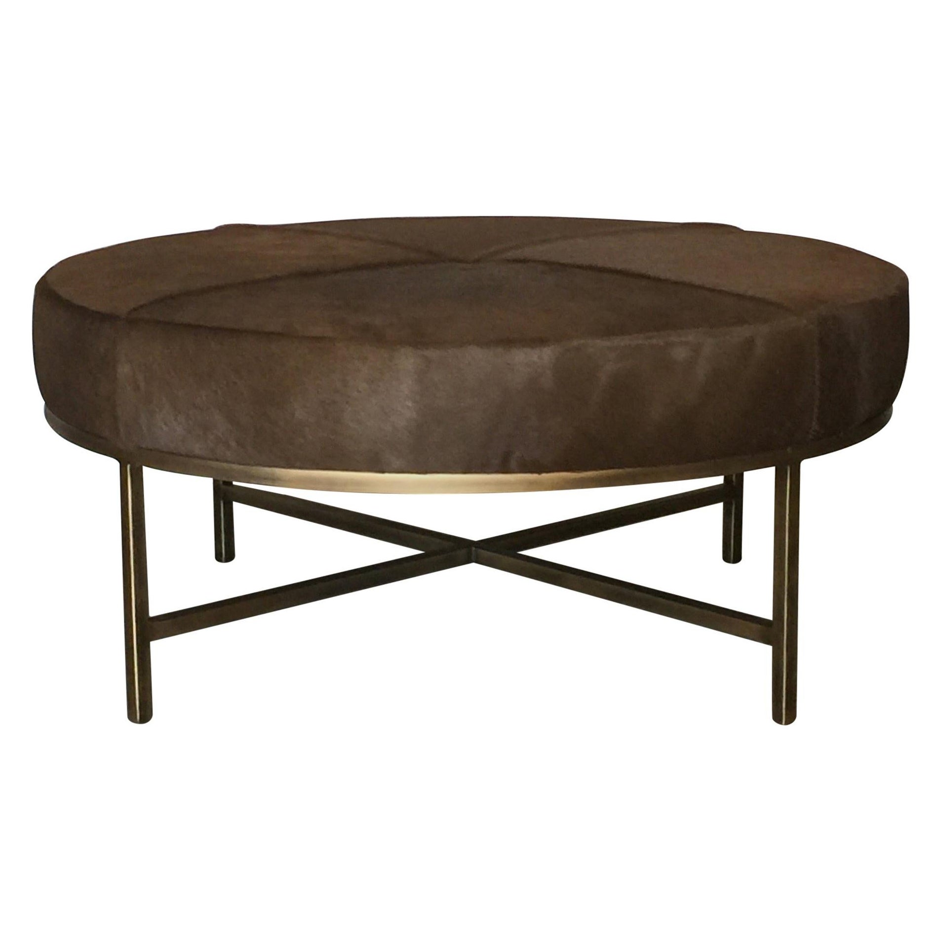 Medium 'Tambour' Antiqued Brass and Hide Ottoman by Design Frères For Sale