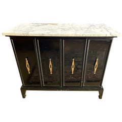 Mid Century Black Lacquer and Marble Top Credenza Cabinet Bar Buffet Server Mont