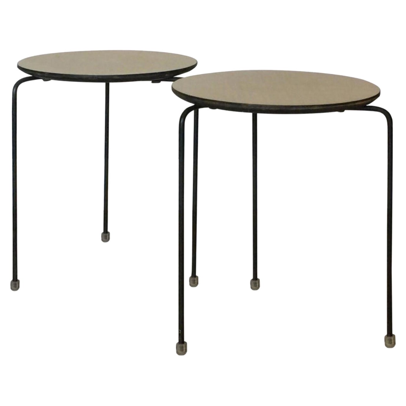 Pair of Slender Tripod Laminate Side Tables with Lucite Details For Sale