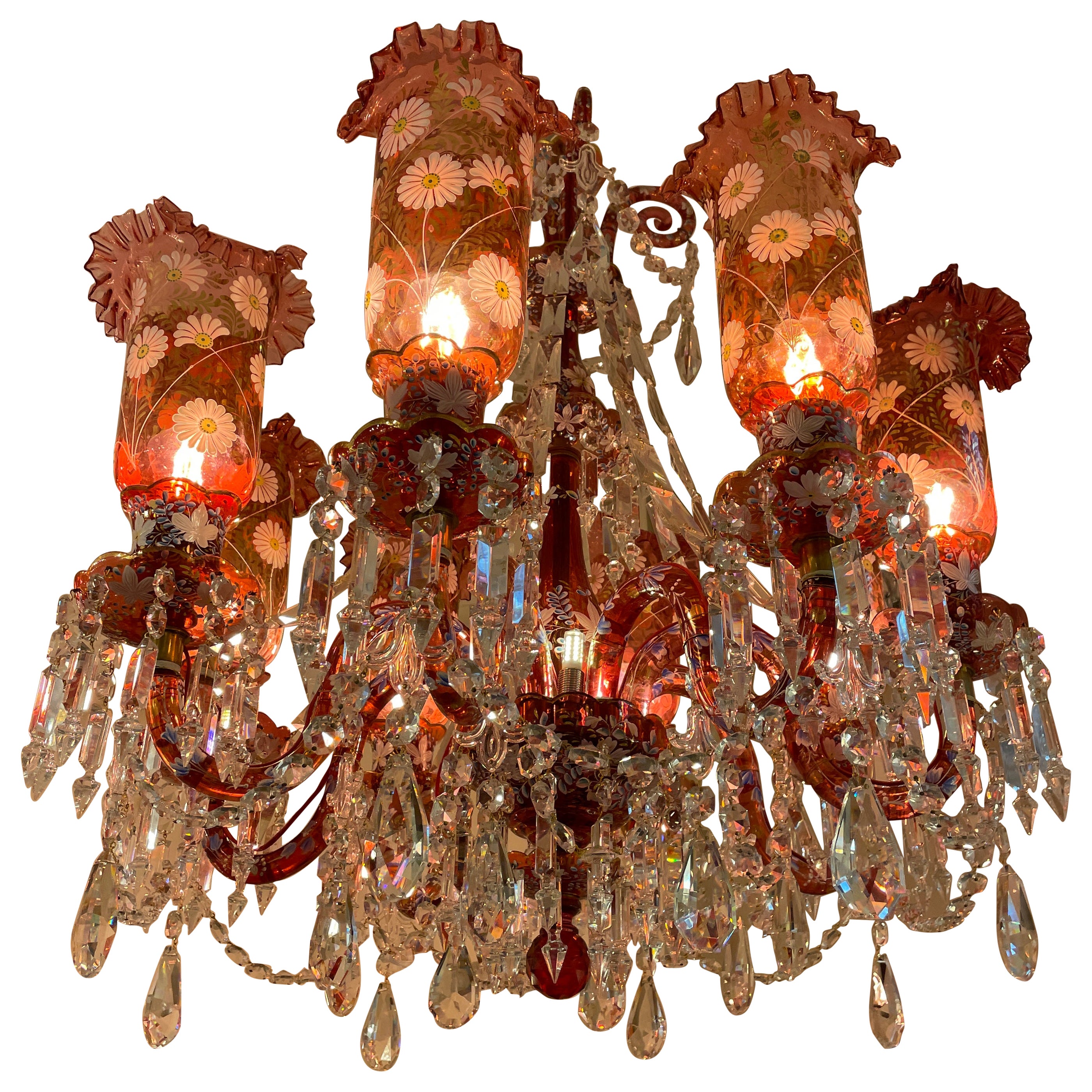 Antique Baccarat Ruby Red and Clear Crystal 8 Light Chandelier & 3 wall lights  For Sale