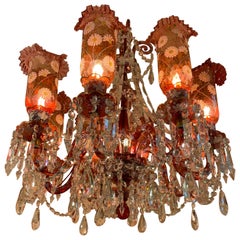 Antique Baccarat Ruby Red and Clear Crystal 8 Light Chandelier & 3 lights murales 