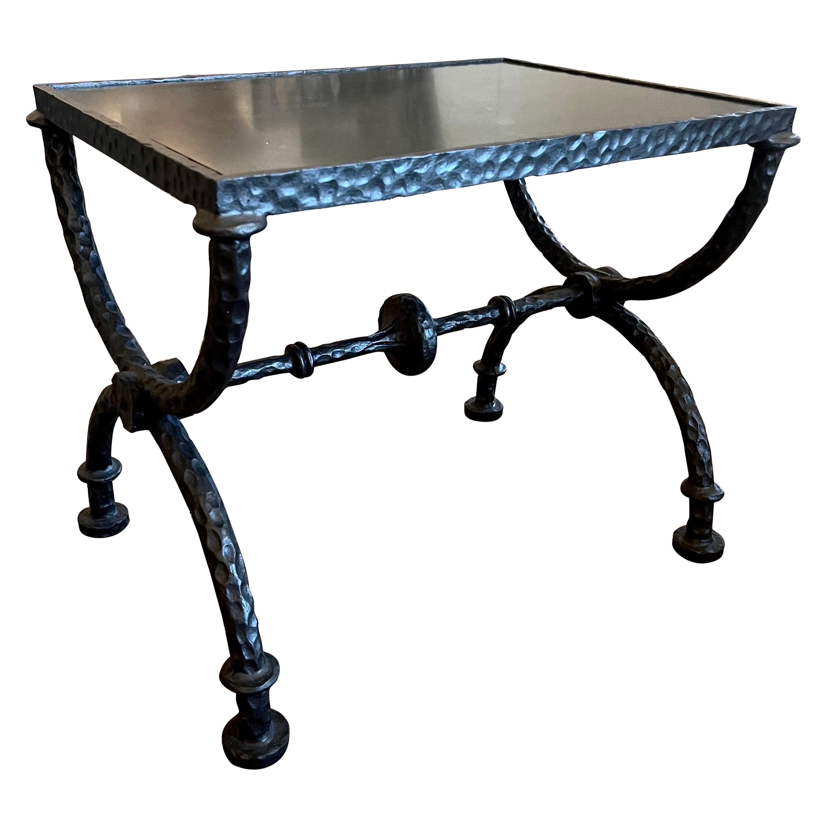 2 French Hammered Wrought Iron Benches / Side Tables in the Style of Giacometti For Sale
