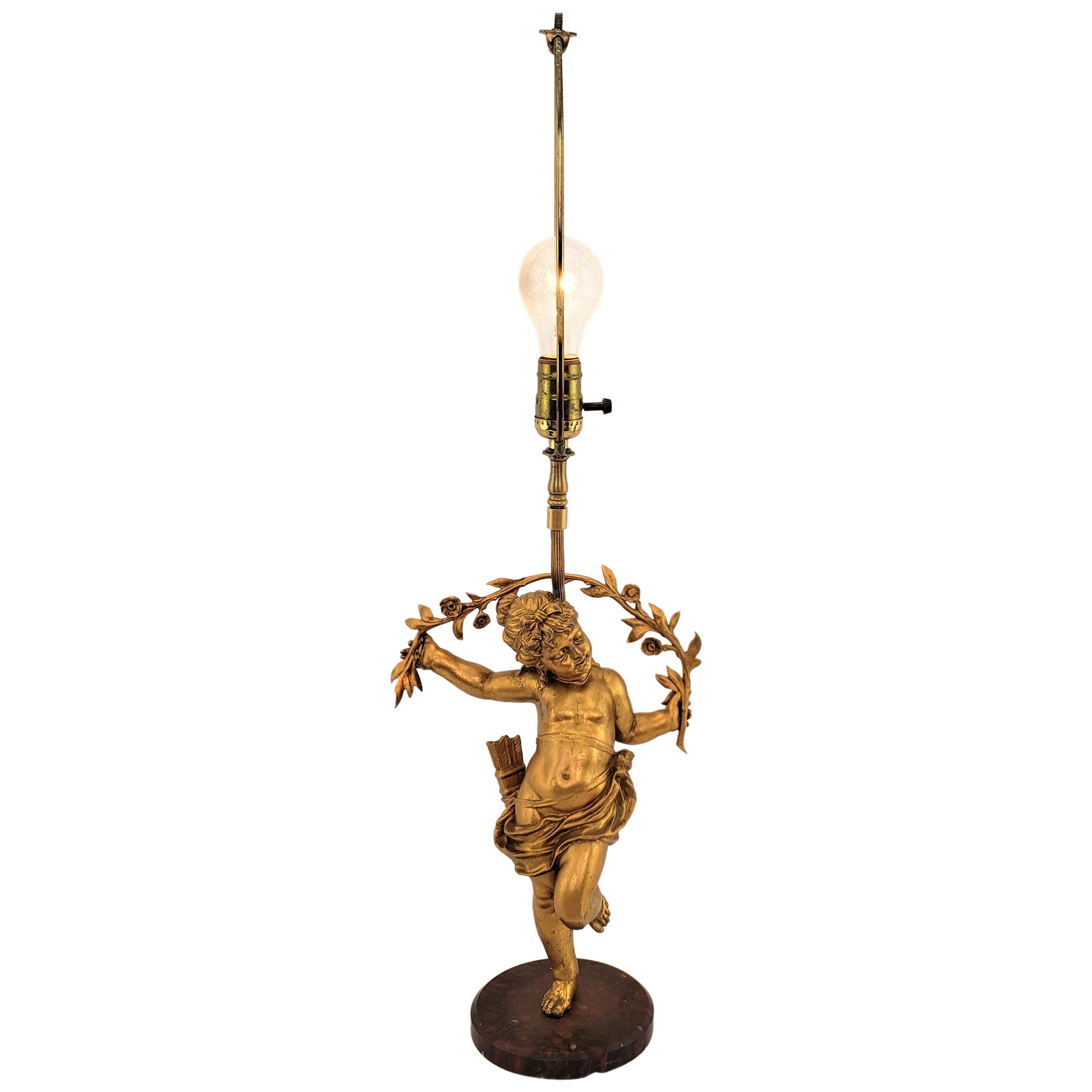 Antique Ornately Cast & Gilt Finished Sculptural Cherub Table Lamp For Sale