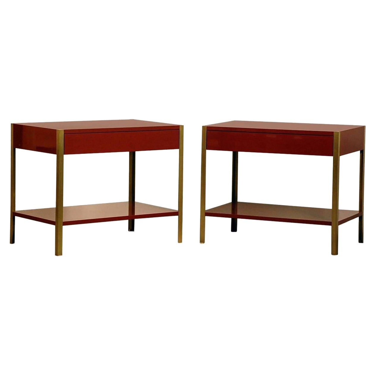 Pair of 'Laque' Oxblood Lacquer and Brass Nightstands by Design Frères