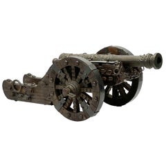 Antique European Wood Iron and Metal Model Cannon with Coat of Arms