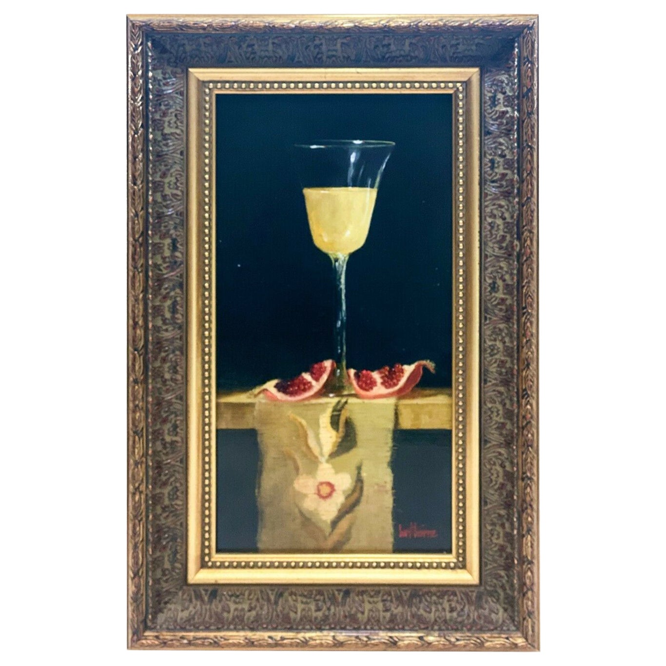 Oil on Panel, "White Wine Pomegranate Tapestry " Signed, Painting by Bert Beirne For Sale