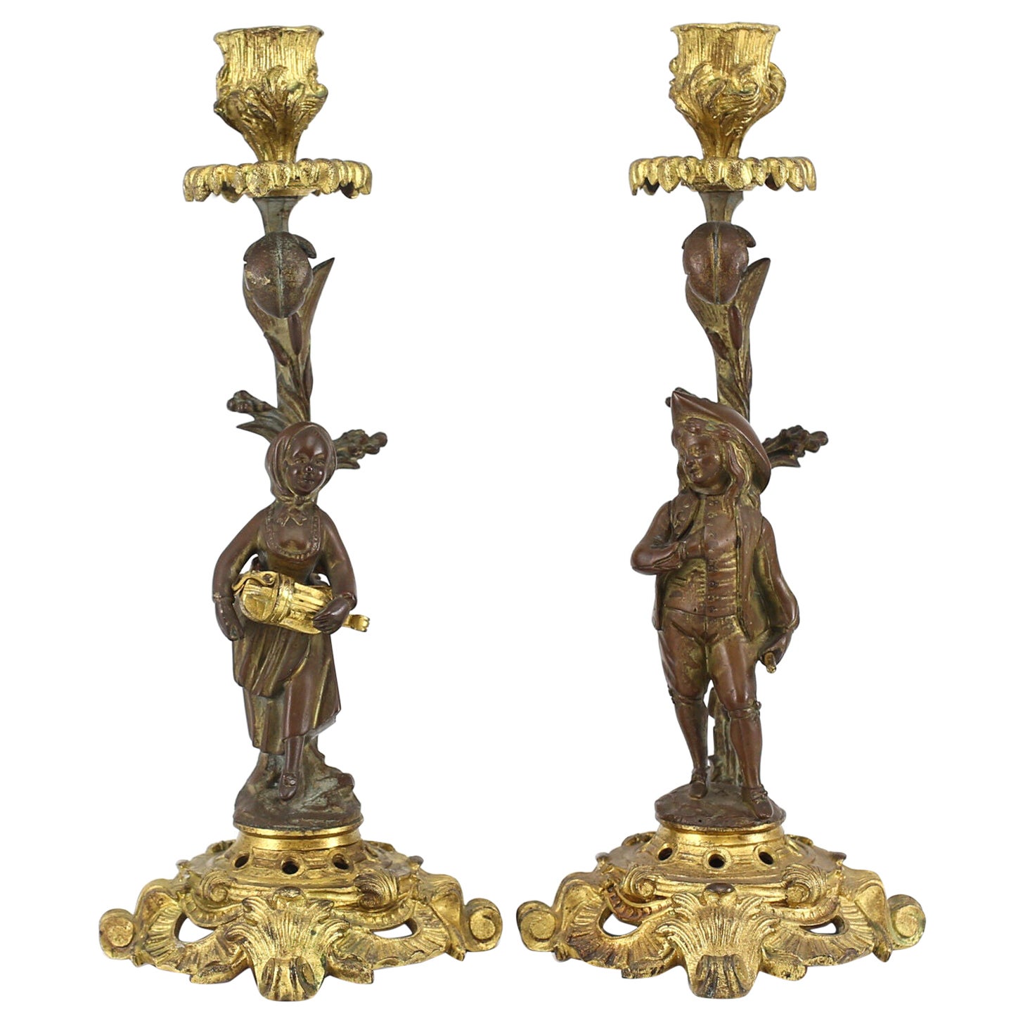 Pair of French Gilt Bronze Candlesticks, Male & Female Musicians, 19th Century  For Sale