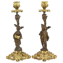 Pair of French Gilt Bronze Candlesticks, Male & Female Musicians, 19th Century