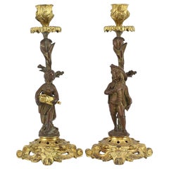 Used Pair of French Gilt Bronze Candlesticks, Male & Female Musicians, 19th Century 