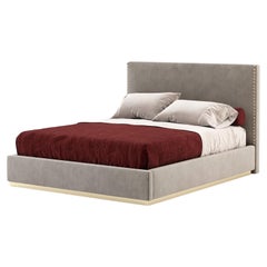 California King Size Bed Fully Upholstered in Velvet with Metallic Details