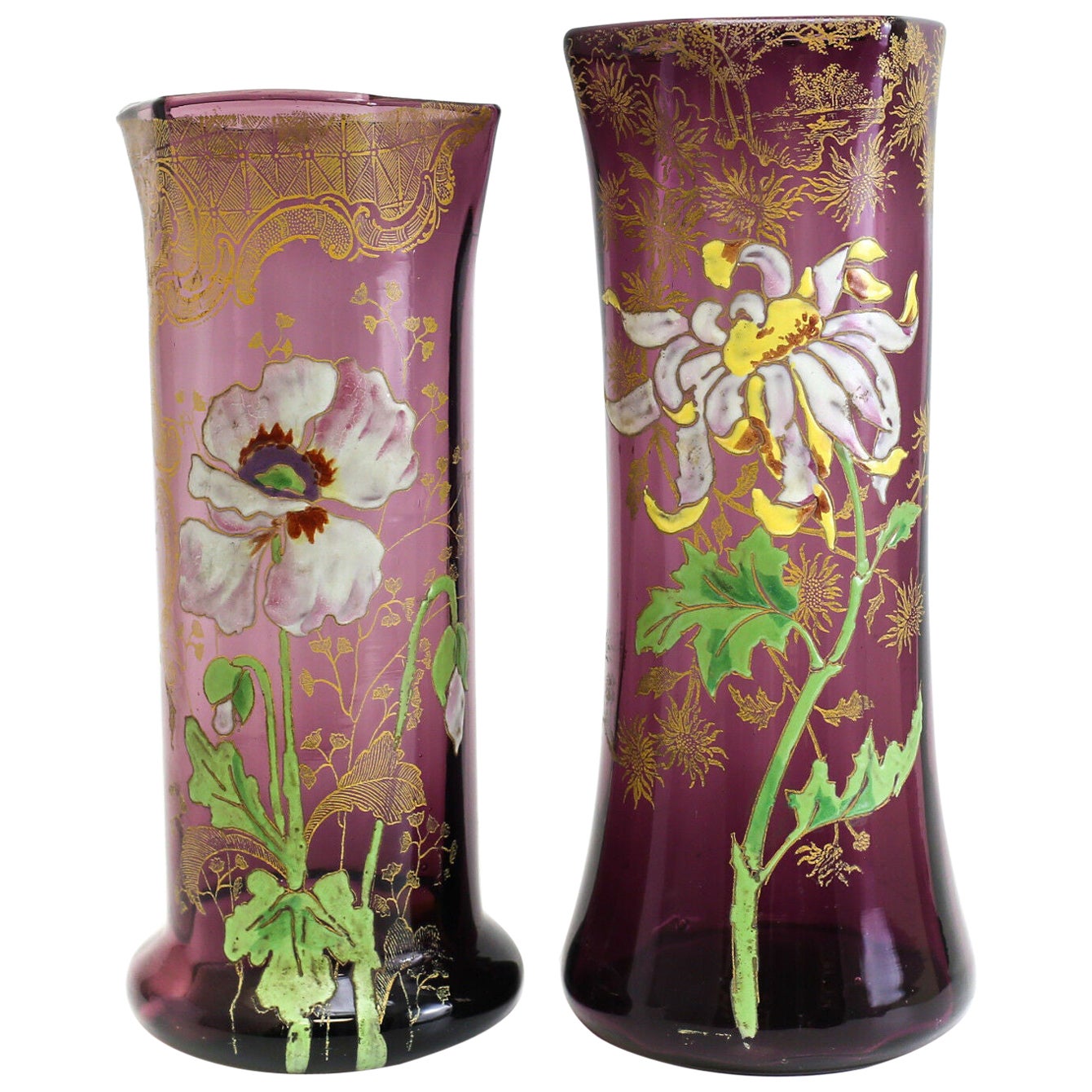 Two Mont Joye Amethyst Art Glass Tall Vases Hand Painted Raised Enamel Design