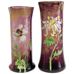 Antique Two Mont Joye Amethyst Art Glass Tall Vases Hand Painted Raised Enamel Design