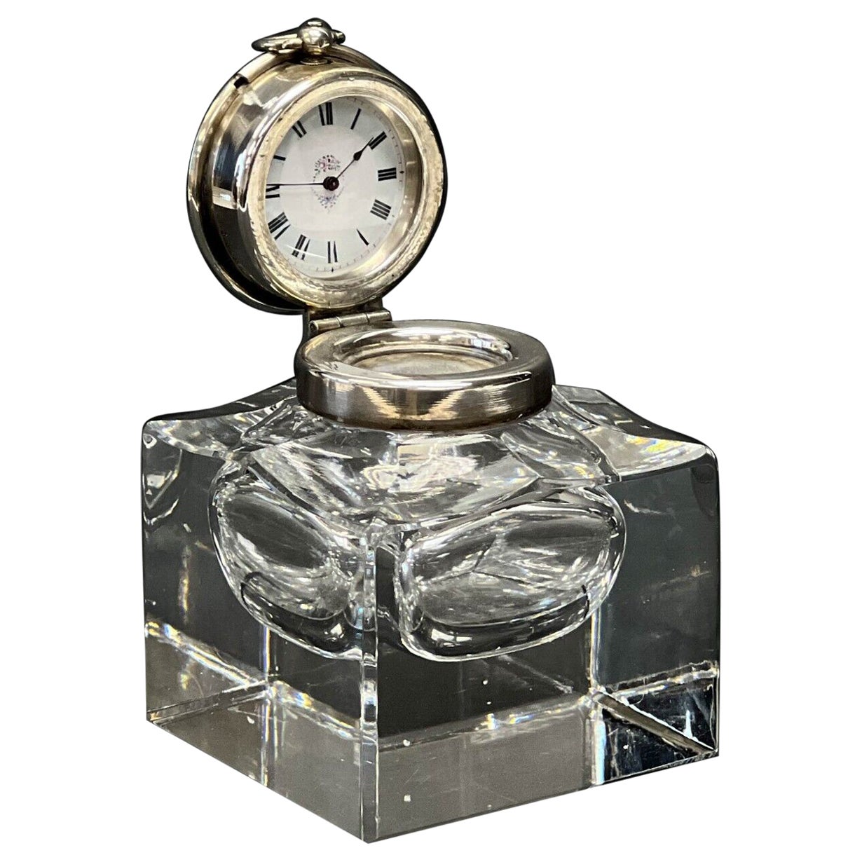935 Sterling Silver Modernist Cut Glass Pocket-Watch Mounted Inkwell. H Samuel