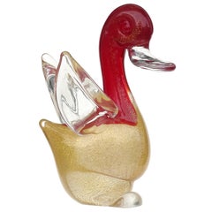 Seguso Vetri D'Arte Murano Red Gold Flecks Italian Art Glass Duck Bird Figure