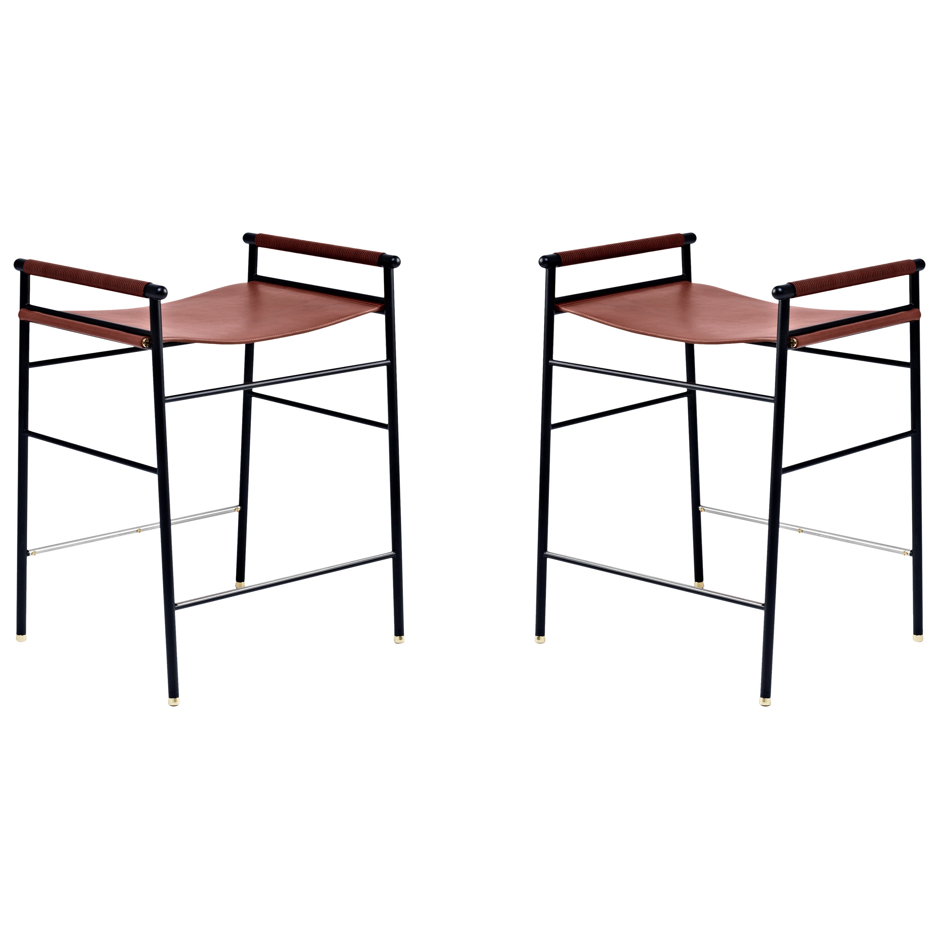 Pair Artisan Contemporary Counter Bar Stool Cognac Leather Black Rubber Metal For Sale