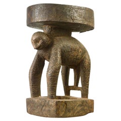 Bamileke Wooden Caryatid Stool with Stylized Leopard