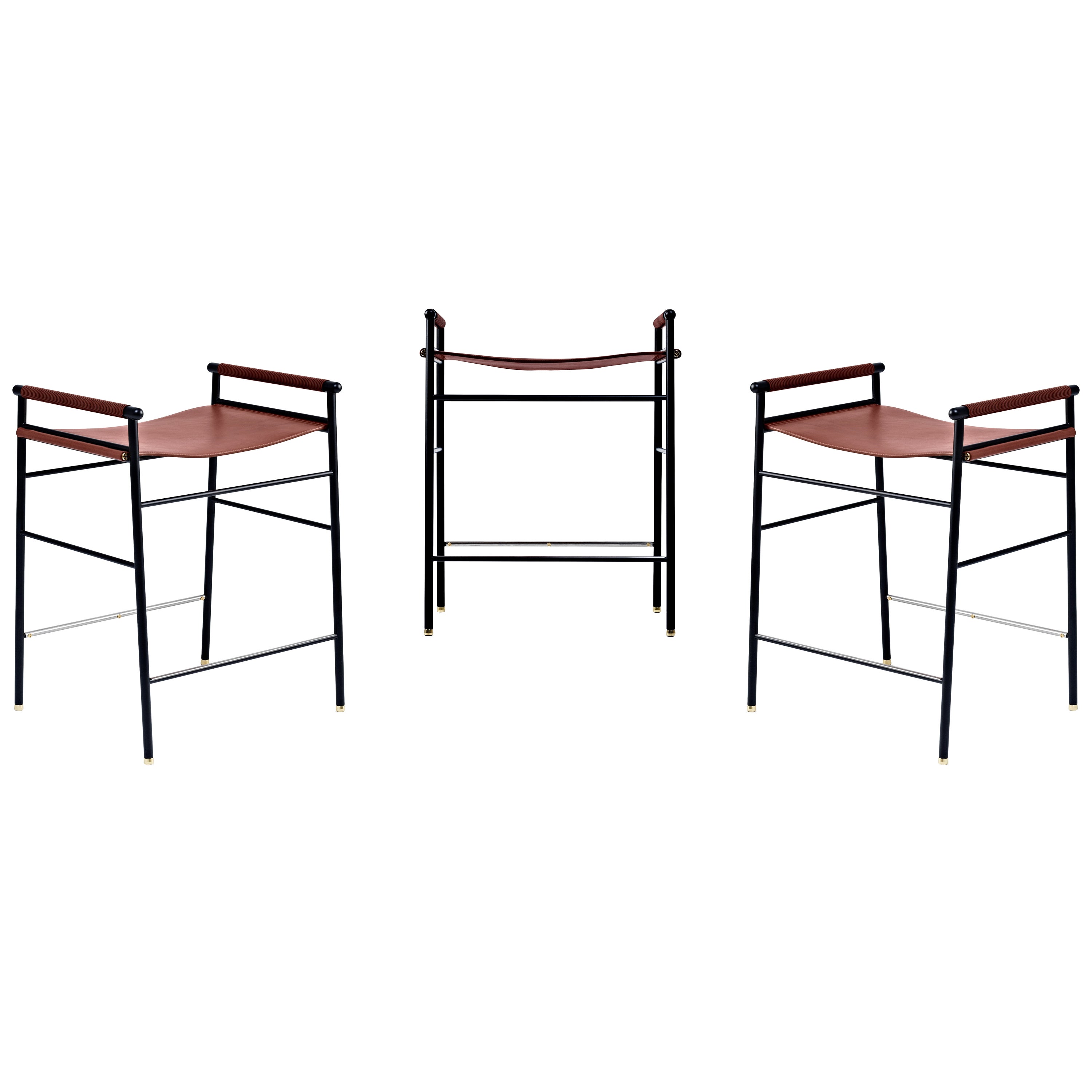 Juego de 3 taburetes de barra contemporáneos, cuero coñac, metal de caucho negro