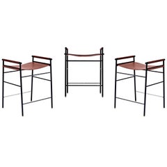 Set of 3 Contemporary Counter Bar Stool, Cognac Leather, Black Rubber Metal