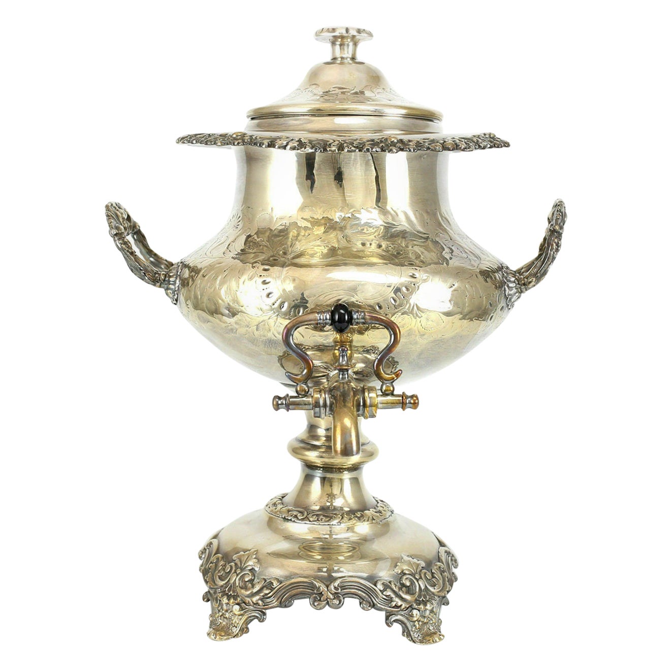 English Silverplate Hot Water Kettle Hand Chased with Flowers, 19th Century For Sale