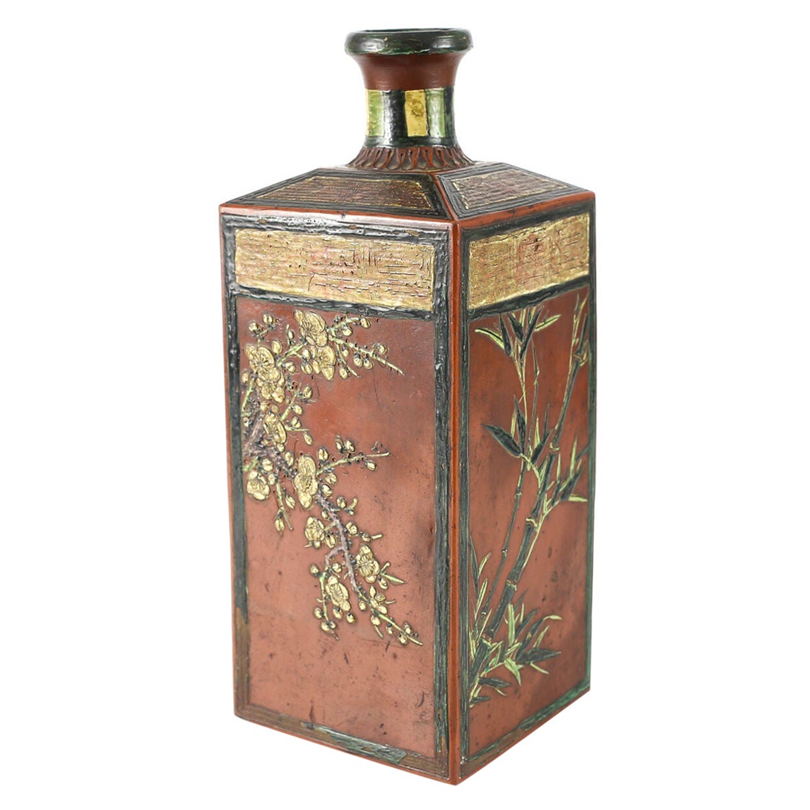 Japanese Hand Painted Ceramic Vase, Raised Enamel, Floral & Bamboo, 18th Century For Sale