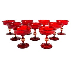9 Venetian Cranberry Red & Gold Fleck Art Glass Champagne Goblets, Salviati