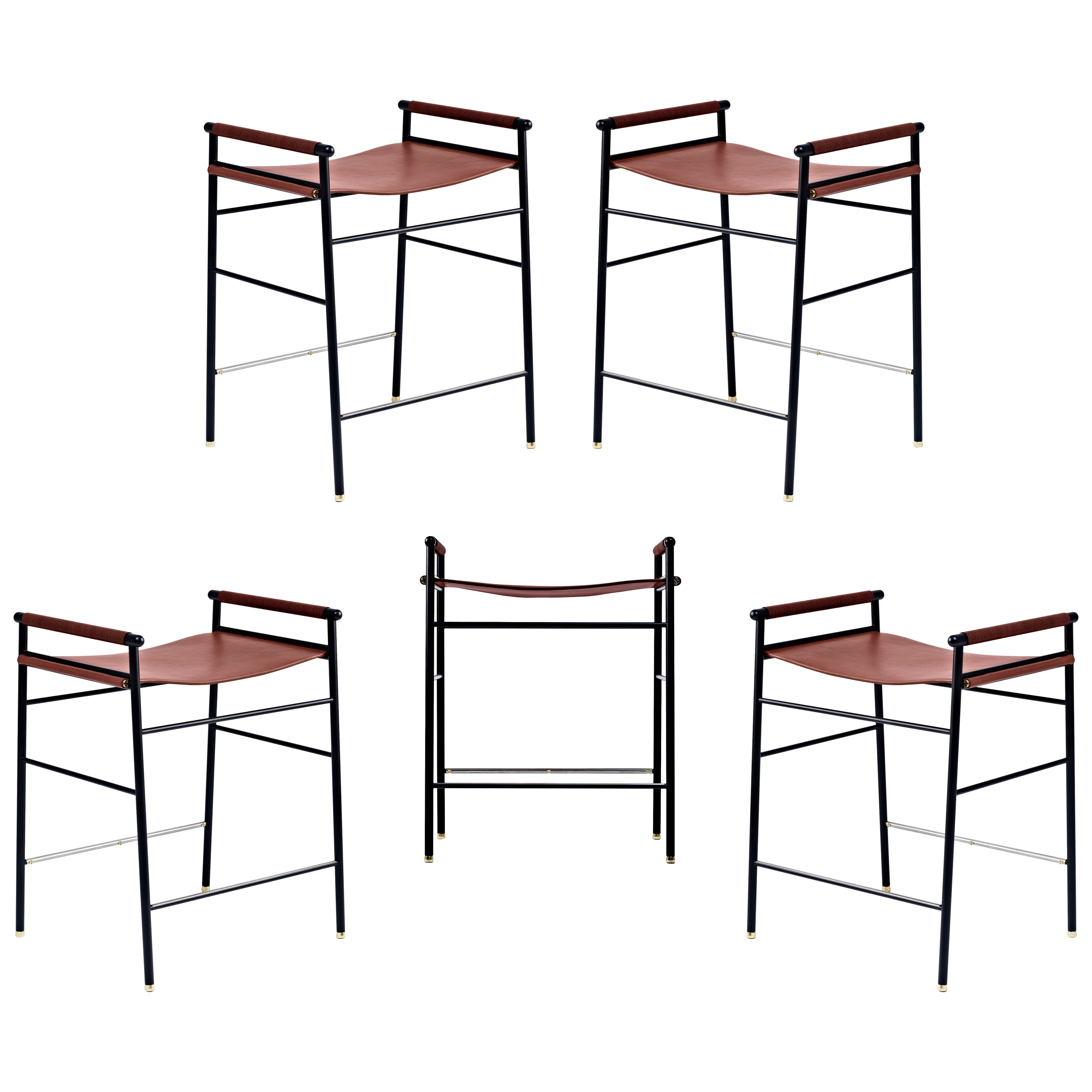 Lot de 5 tabourets de bar contemporains de comptoir en métal caoutchouc noir cognac