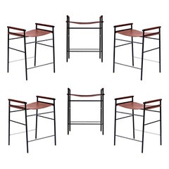 Set of 6 Contemporary Counter Bar Stool Cognac Leather Black Rubbered Metal