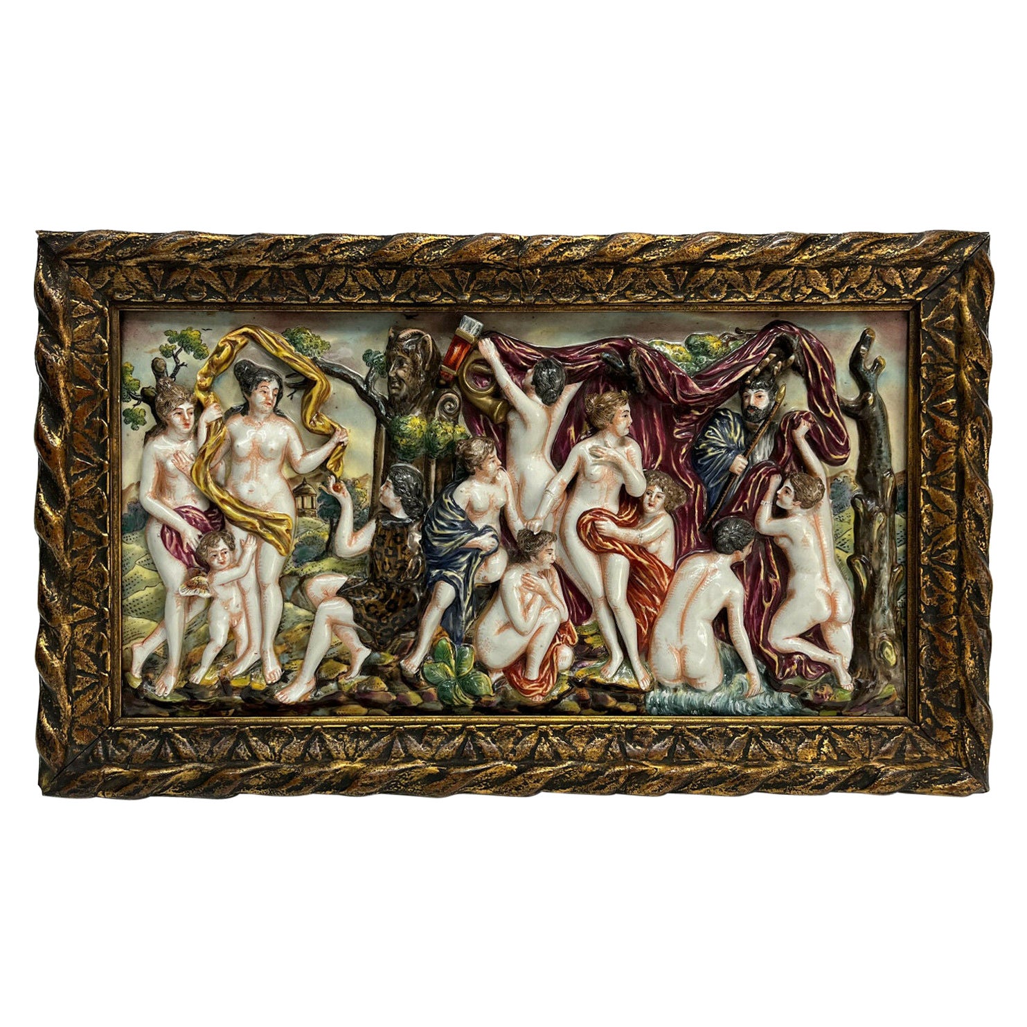 Plaque en porcelaine à haut relief de Capodimonte d'après Peter Paul Rubens, Diane et les nymphes