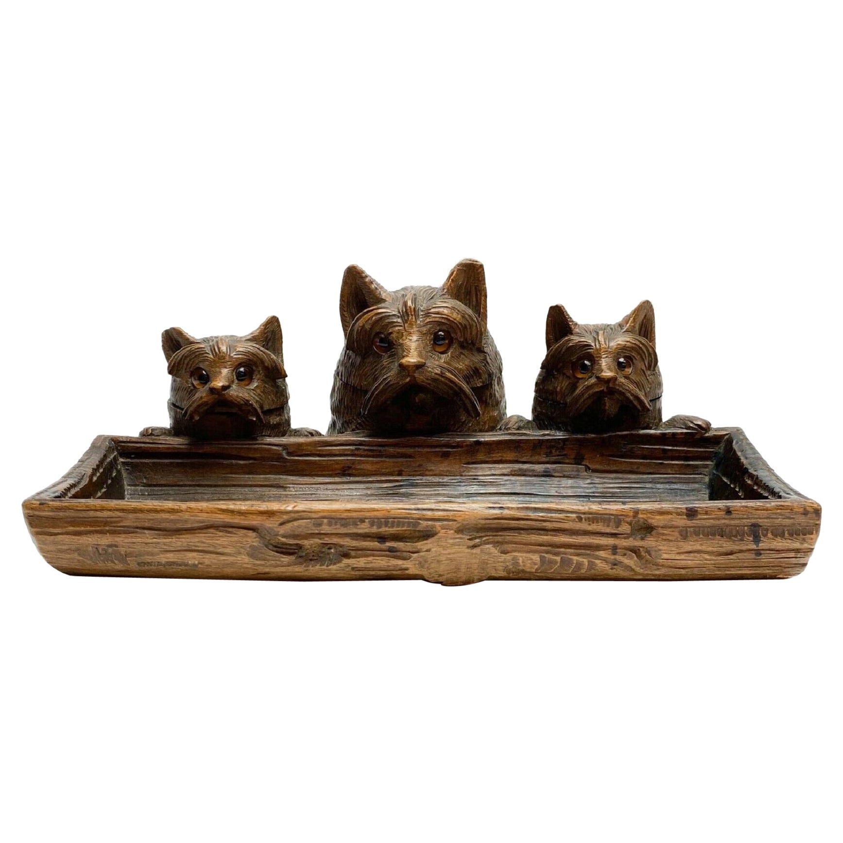 Hand Carved Wood Terrier Dog Pen Tray Ink Well Ink Stand Early 20th Century For Sale