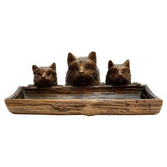Hand Carved Wood Terrier Dog Pen Tray Ink Well Ink Stand Early 20th Century