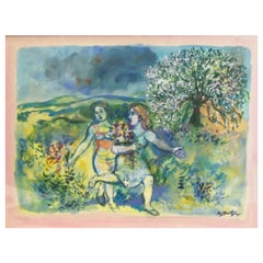 Walter Spitzer, aquarelle à la gouache sur papier - Deux femmes dans le jardin