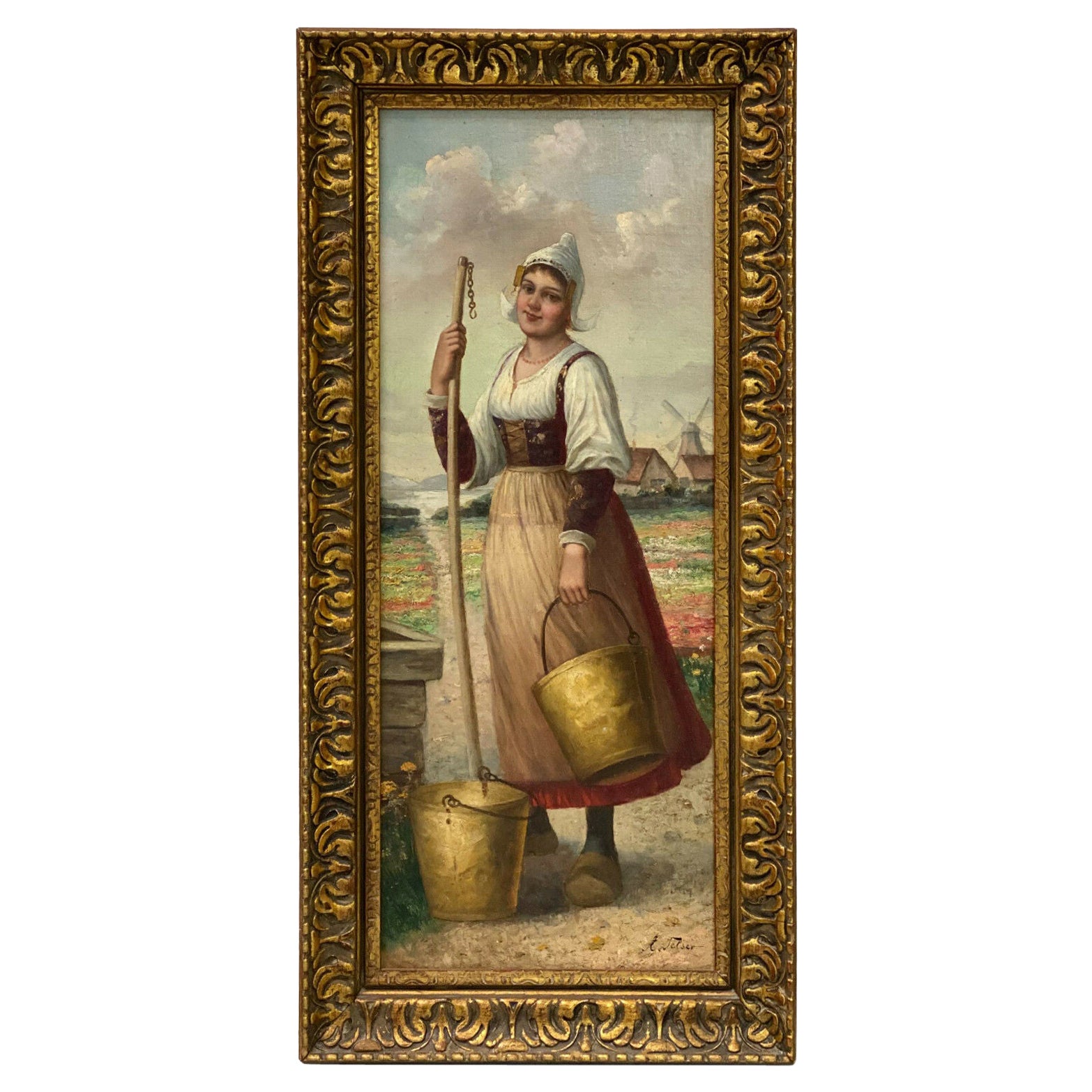 Oil on Canvas Painting, Girl at Well by Anton Telser For Sale