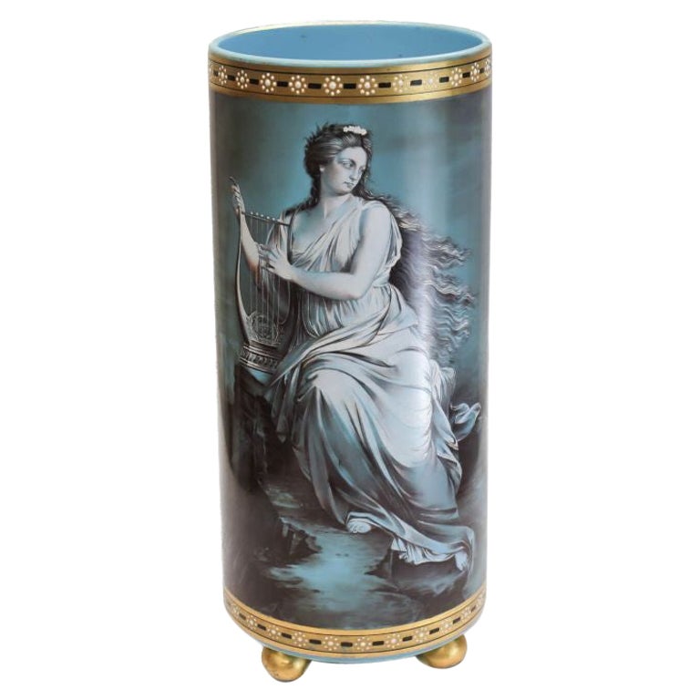French Blue Opaline Art Glass Painted Enamel Vase, Beauty with Harp, circa 1900 For Sale