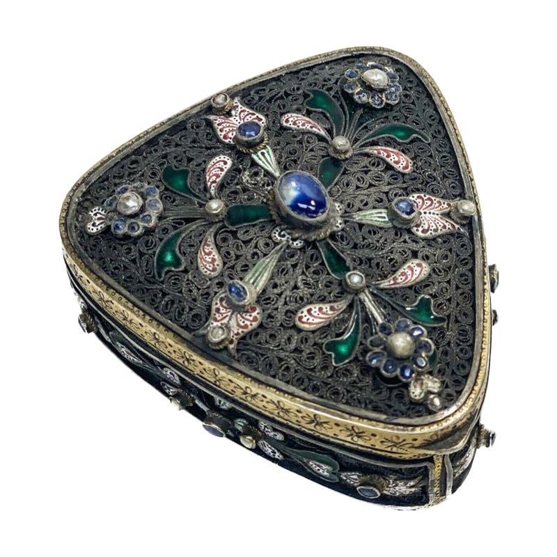 Austrian 800 Silver Fine Filigree and Jeweled Pill or Trinket Box, circa 1900