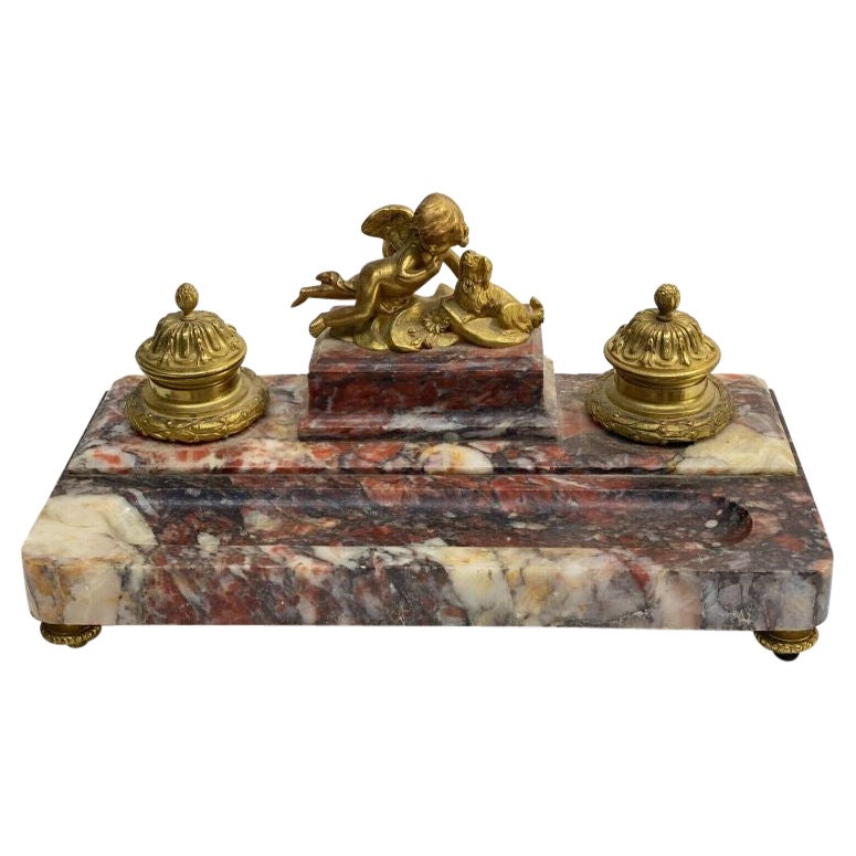 French Gilt Bronze and Red Marble Cherub with Dog Inkwell Pen Stand 19th Century