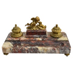 French Gilt Bronze and Red Marble Cherub with Dog Inkwell Pen Stand 19th Century